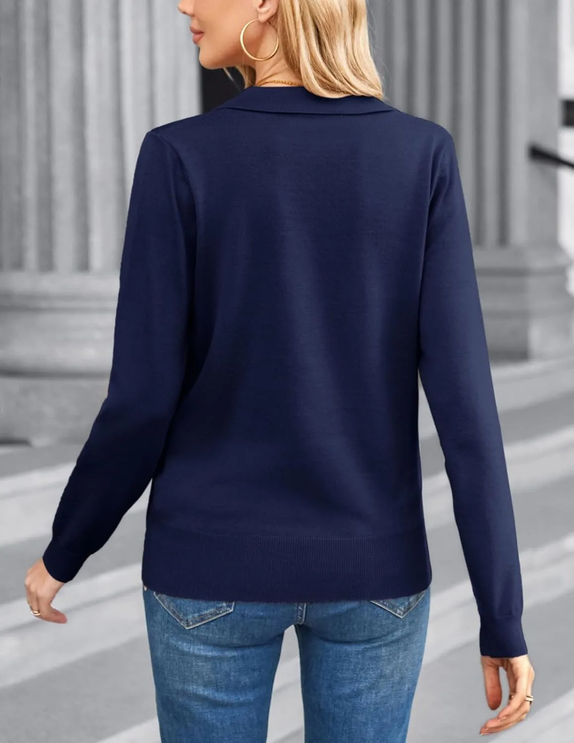 Kate Kasin Women Long Sleeve Polo Sweater V Neck Knitted Tops Casual Ribbed Shirt Loose Pullover Sweater