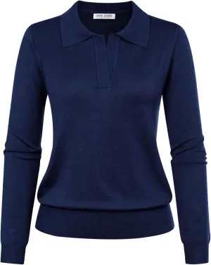 Kate Kasin Women Long Sleeve Polo Sweater V Neck Knitted Tops Casual Ribbed Shirt Loose Pullover Sweater
