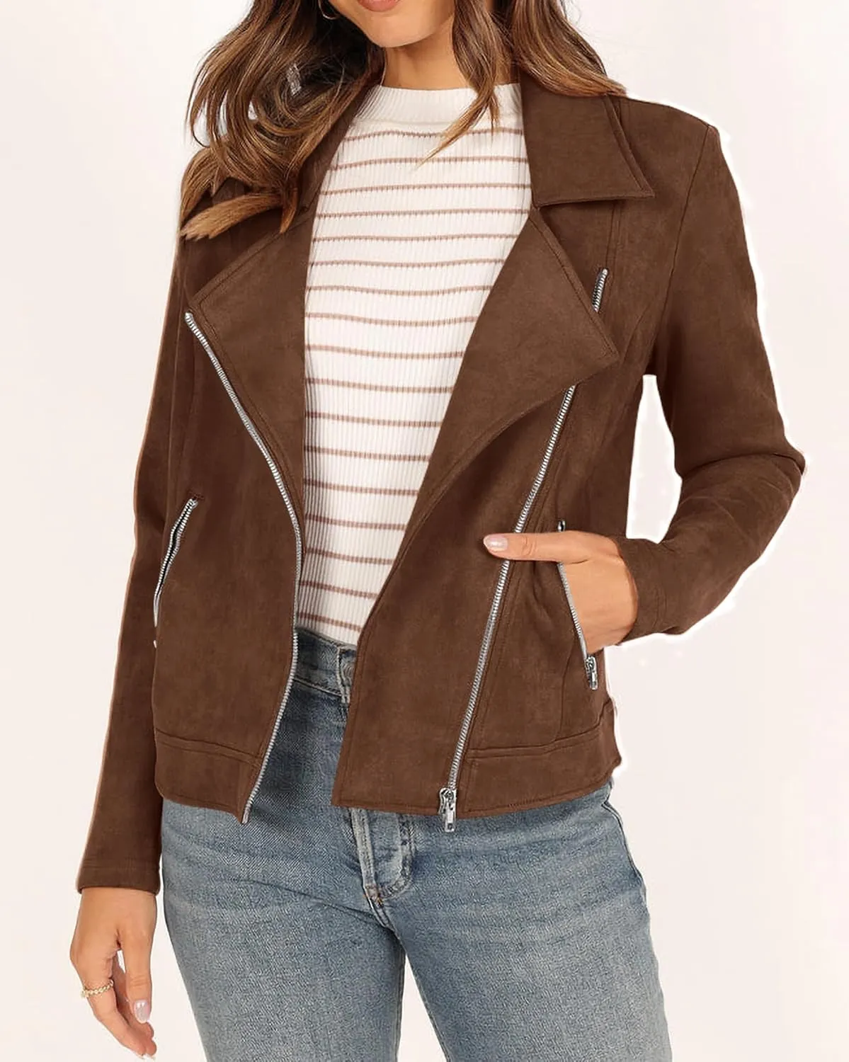 KIRUNDO Womens Faux Suede Jacket 2024 Fall Winter Clothes Casual Zipper Cropped Coat Bomber Biker Moto Jackets Outwear
