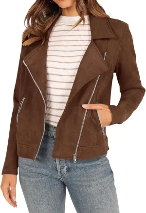 KIRUNDO Womens Faux Suede Jacket 2024 Fall Winter Clothes Casual Zipper Cropped Coat Bomber Biker Moto Jackets Outwear