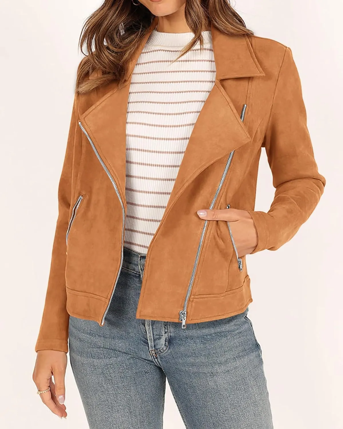 KIRUNDO Womens Faux Suede Jacket 2024 Fall Winter Clothes Casual Zipper Cropped Coat Bomber Biker Moto Jackets Outwear