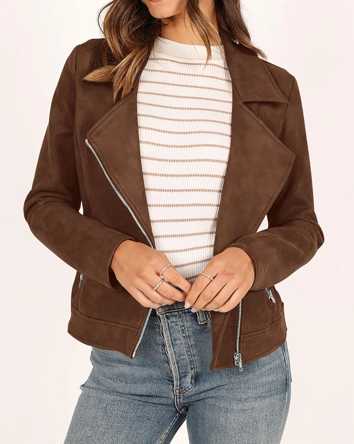 KIRUNDO Womens Faux Suede Jacket 2024 Fall Winter Clothes Casual Zipper Cropped Coat Bomber Biker Moto Jackets Outwear