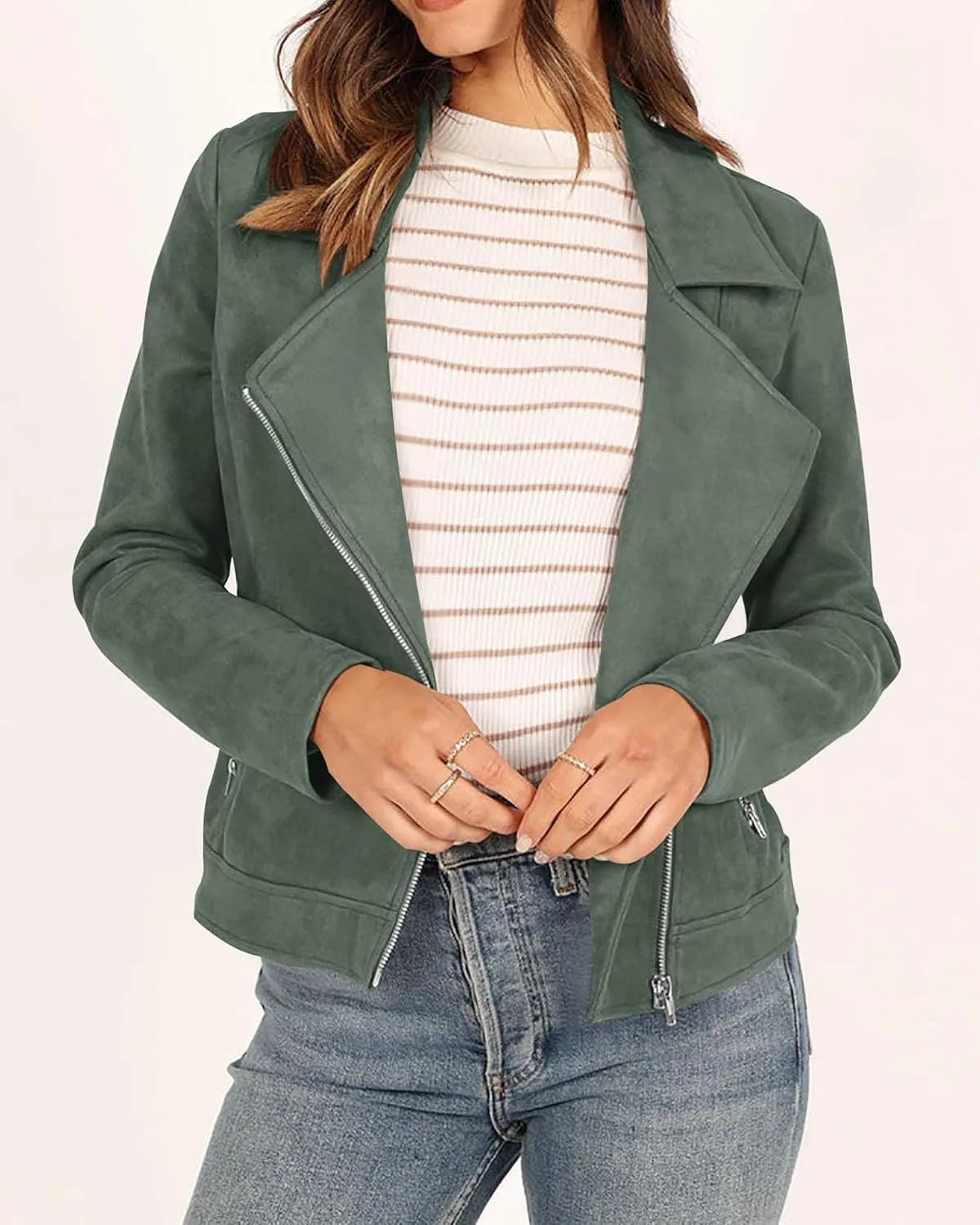 KIRUNDO Womens Faux Suede Jacket 2024 Fall Winter Clothes Casual Zipper Cropped Coat Bomber Biker Moto Jackets Outwear
