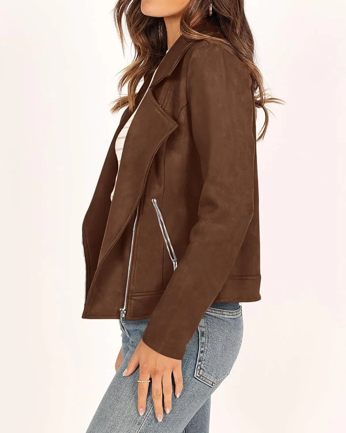 KIRUNDO Womens Faux Suede Jacket 2024 Fall Winter Clothes Casual Zipper Cropped Coat Bomber Biker Moto Jackets Outwear