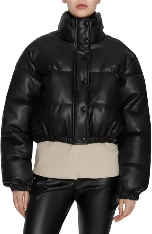 Kissonic Women's Cropped Quilted Puffer Jacket Winter Faux Leather Padded Parka Coat