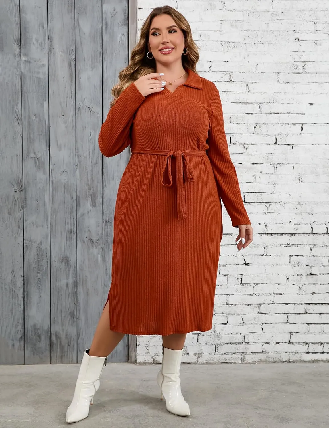 KOJOOIN Women Plus Size Sweater Dress Collar Long Sleeve Side Split Pullover Maxi Knit Sweater Dress with Belt