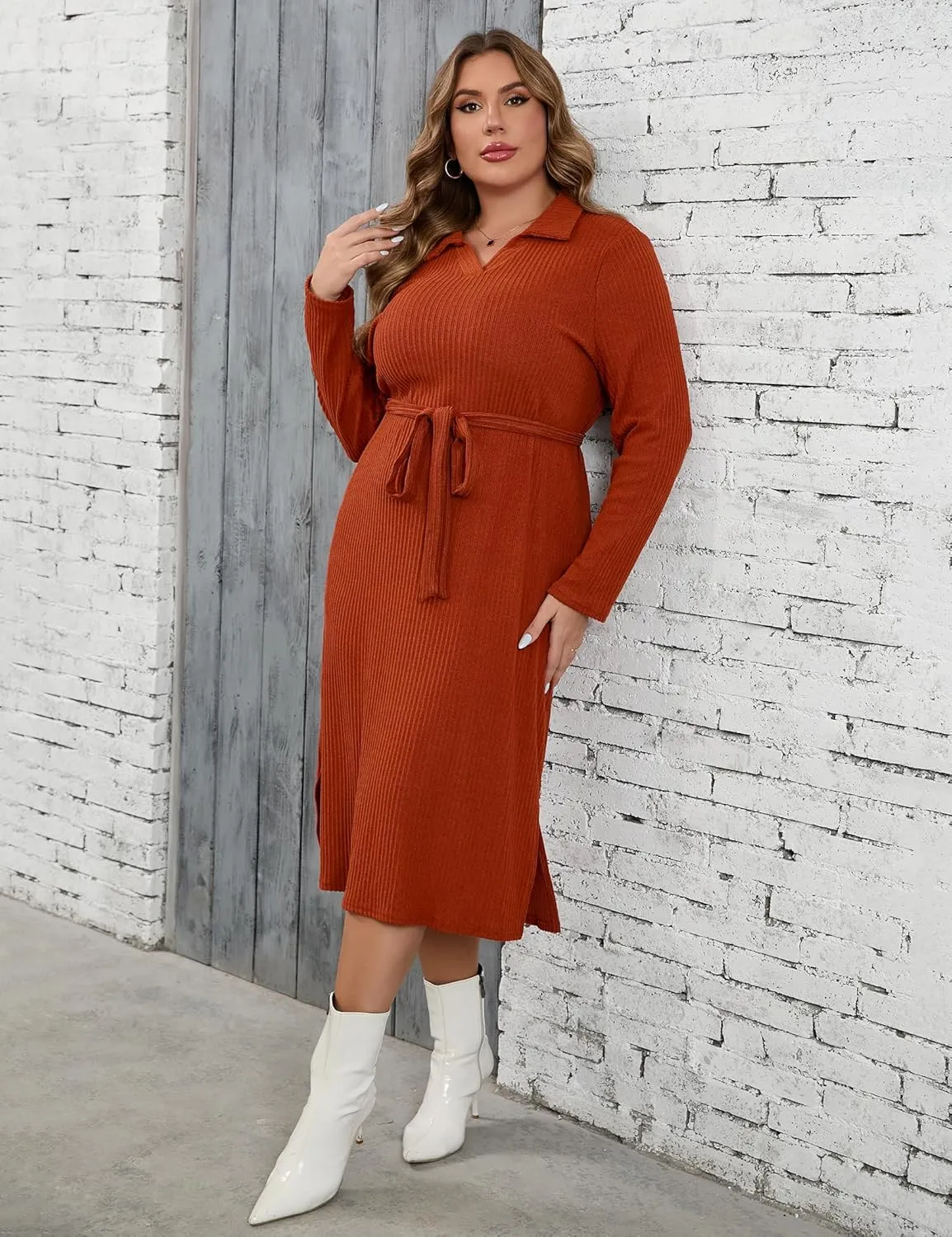 KOJOOIN Women Plus Size Sweater Dress Collar Long Sleeve Side Split Pullover Maxi Knit Sweater Dress with Belt