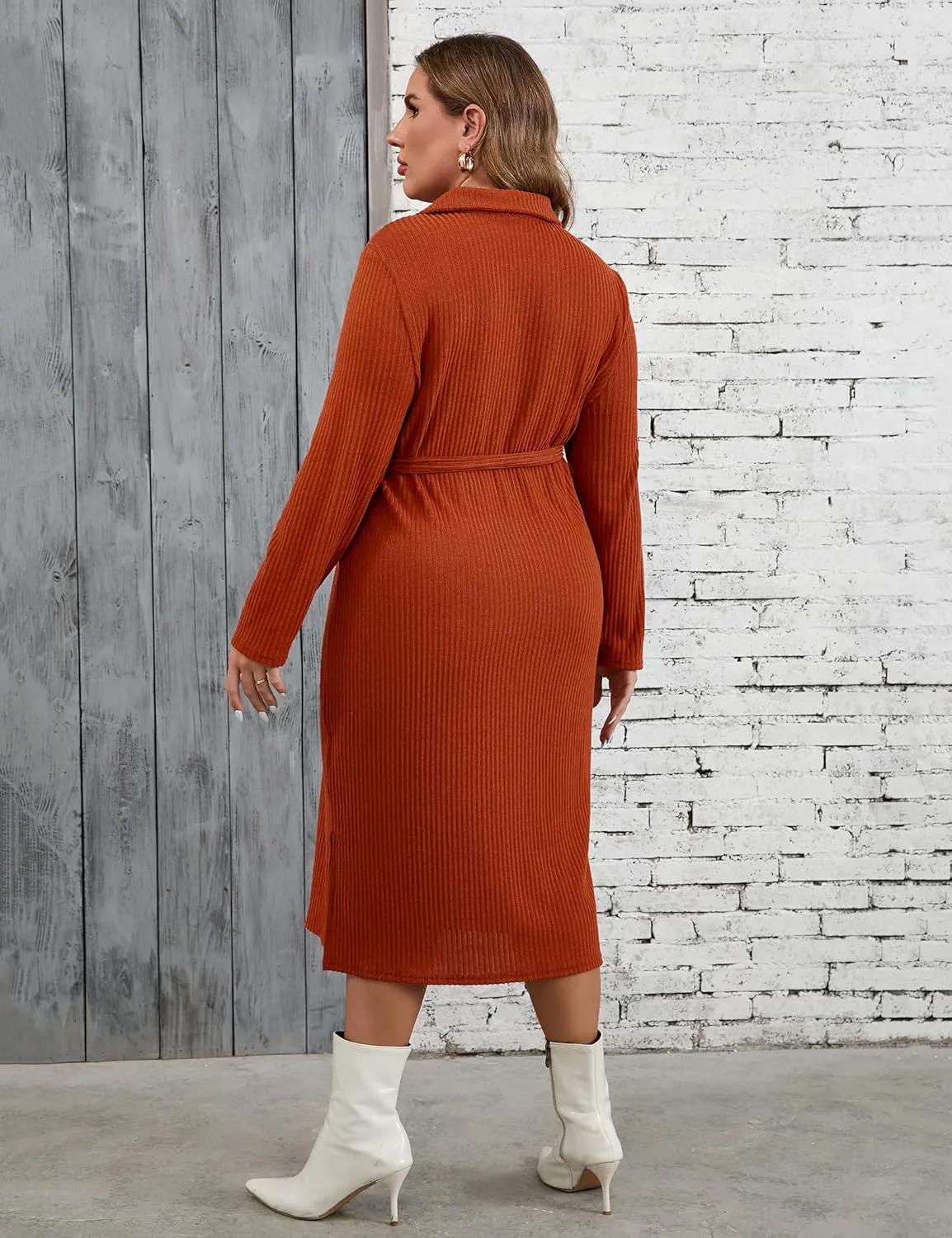 KOJOOIN Women Plus Size Sweater Dress Collar Long Sleeve Side Split Pullover Maxi Knit Sweater Dress with Belt