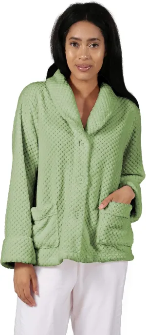 LA CERA Women's Fleece Bed Jacket - Stylish Notched Collar, Long Sleeves, Front Pockets, Button Front, Machine Washable