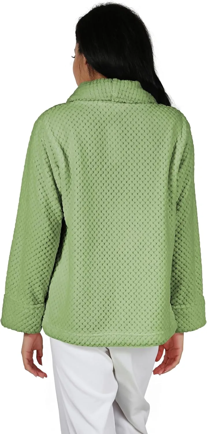 LA CERA Women's Fleece Bed Jacket - Stylish Notched Collar, Long Sleeves, Front Pockets, Button Front, Machine Washable