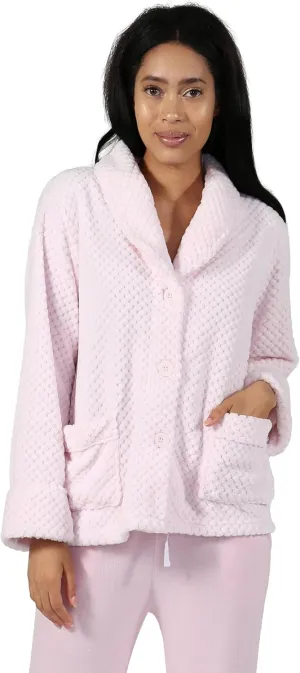 LA CERA Women's Fleece Bed Jacket - Stylish Notched Collar, Long Sleeves, Front Pockets, Button Front, Machine Washable