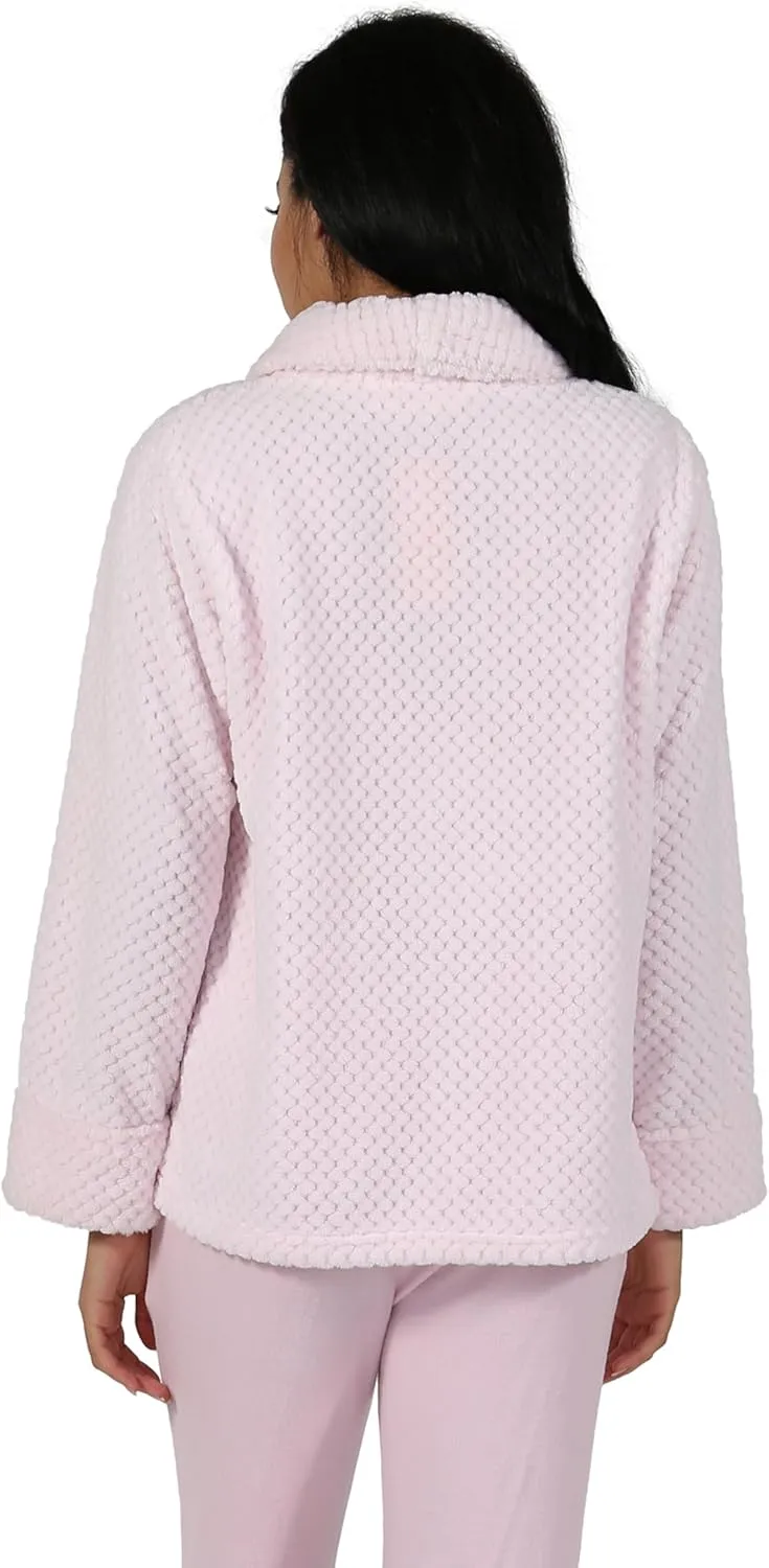 LA CERA Women's Fleece Bed Jacket - Stylish Notched Collar, Long Sleeves, Front Pockets, Button Front, Machine Washable
