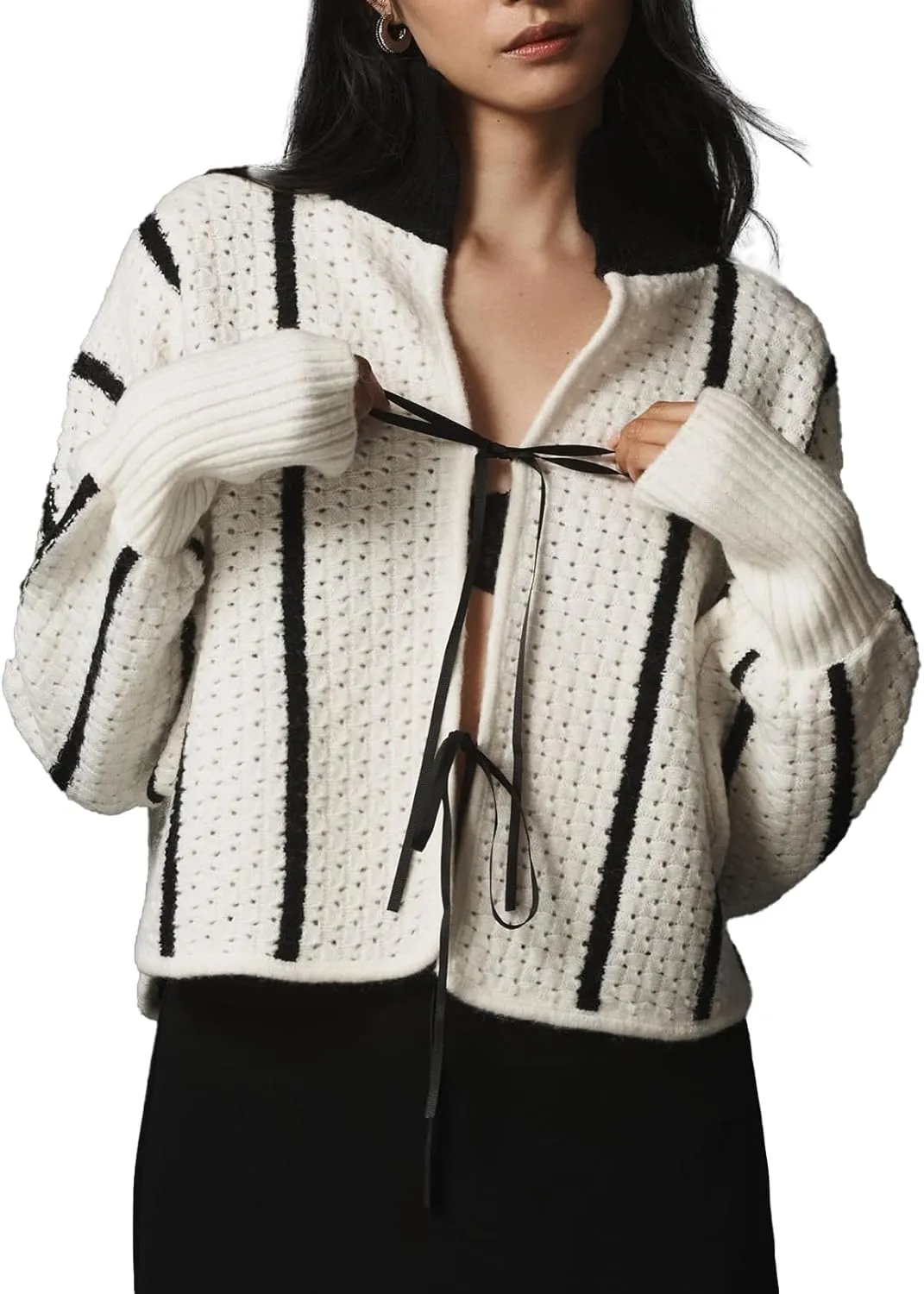 Ladyful Women's Tie Front Striped Cardigan Sweater Cropped Long Sleeve Crochet Tops Loose Hollow Out Knit Outfits
