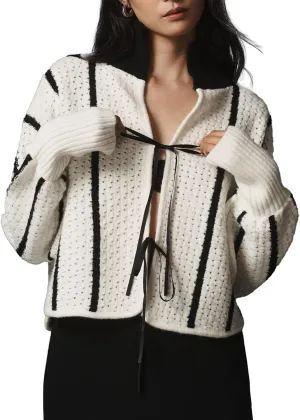 Ladyful Women's Tie Front Striped Cardigan Sweater Cropped Long Sleeve Crochet Tops Loose Hollow Out Knit Outfits