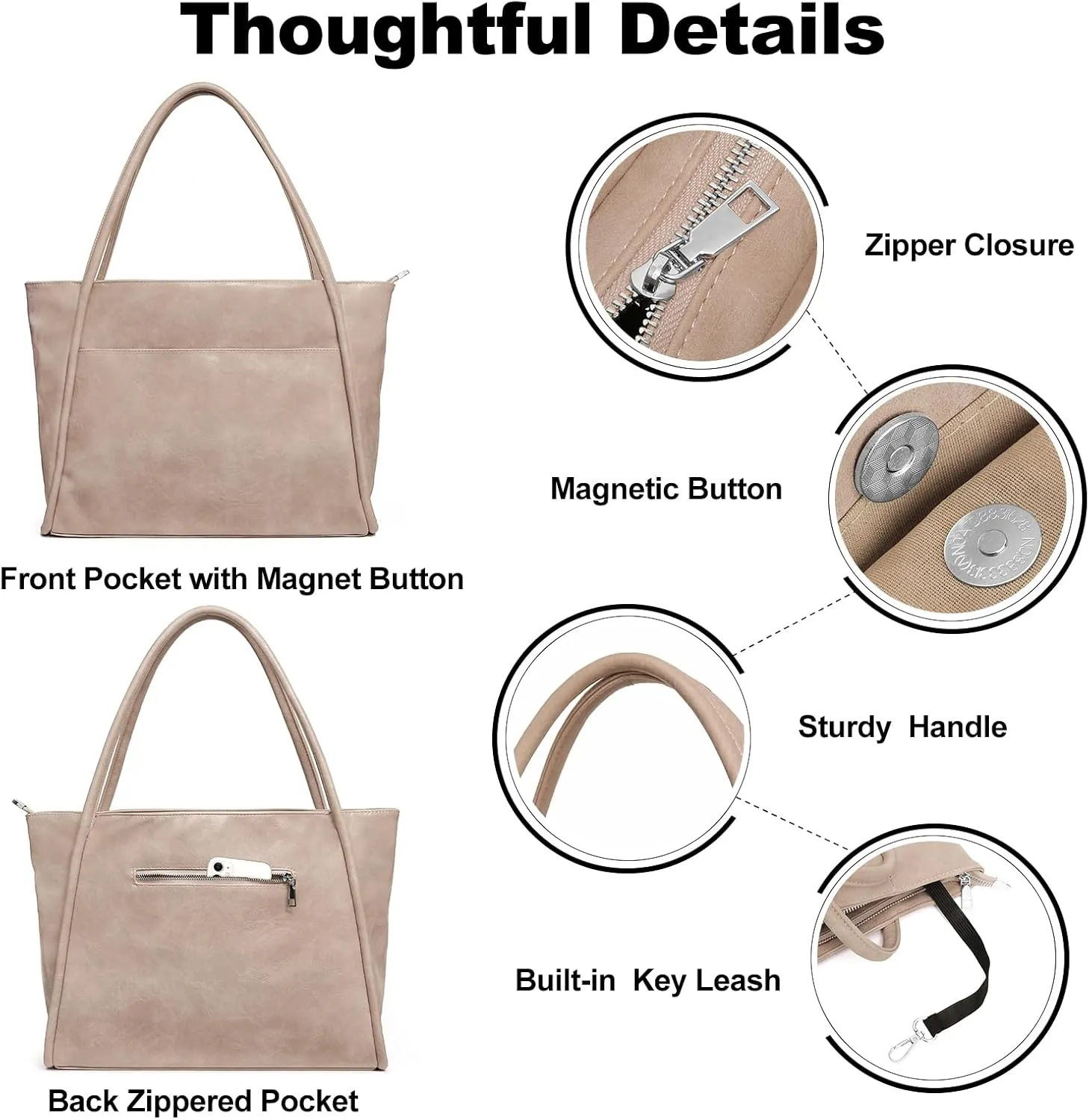 Large Tote Bag for Women Work with Zipper 16L Vegan Leather Ladies Travel Purses and Handbags
