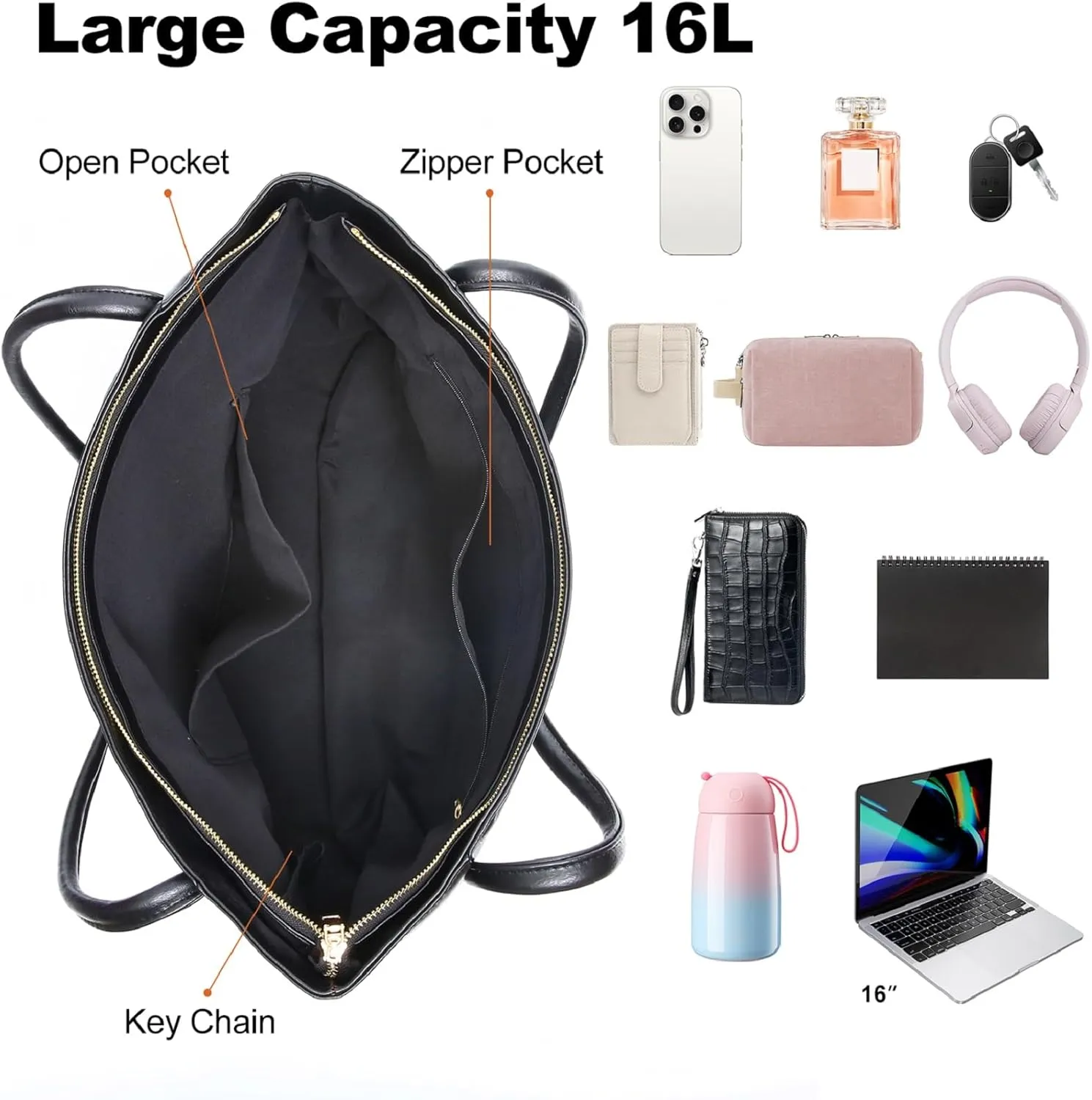 Large Tote Bag for Women Work with Zipper 16L Vegan Leather Ladies Travel Purses and Handbags