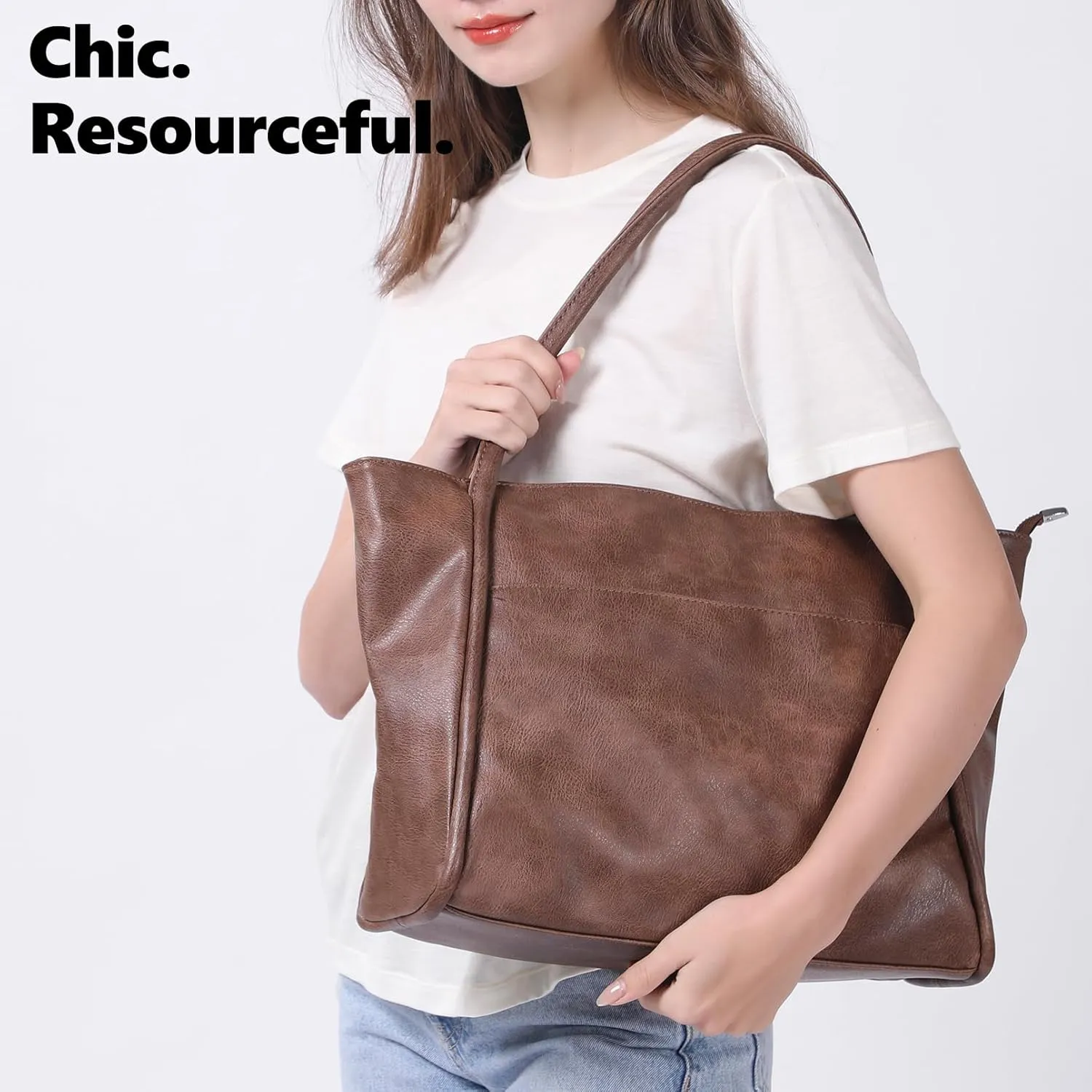Large Tote Bag for Women Work with Zipper 16L Vegan Leather Ladies Travel Purses and Handbags