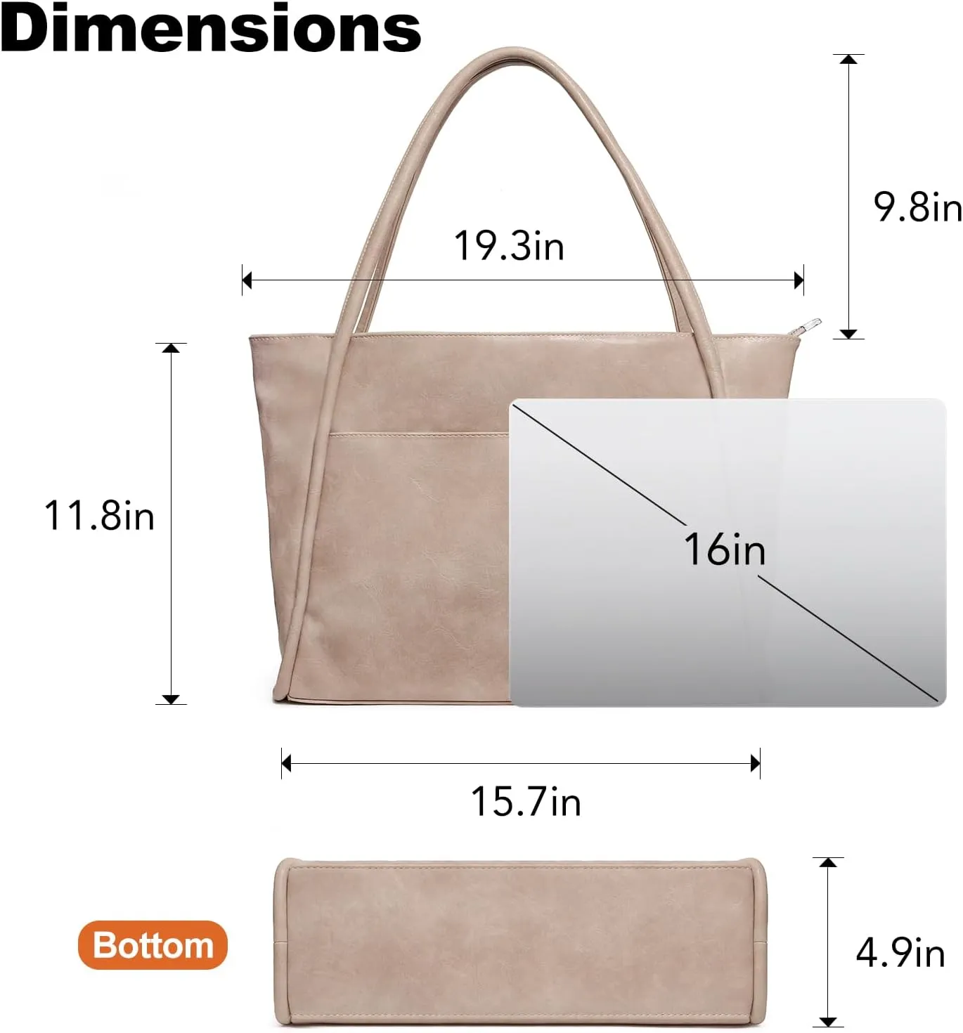 Large Tote Bag for Women Work with Zipper 16L Vegan Leather Ladies Travel Purses and Handbags