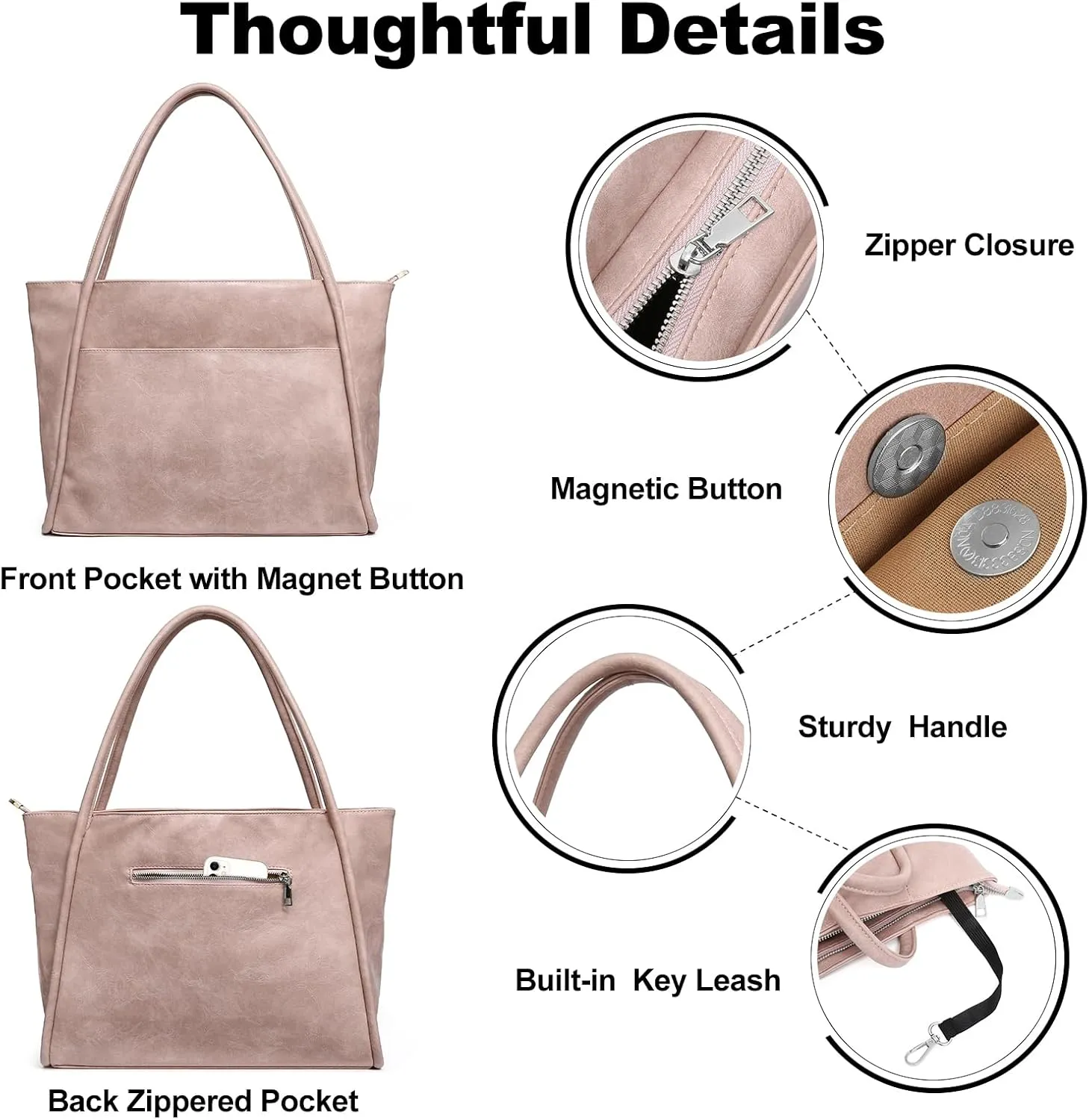 Large Tote Bag for Women Work with Zipper 16L Vegan Leather Ladies Travel Purses and Handbags