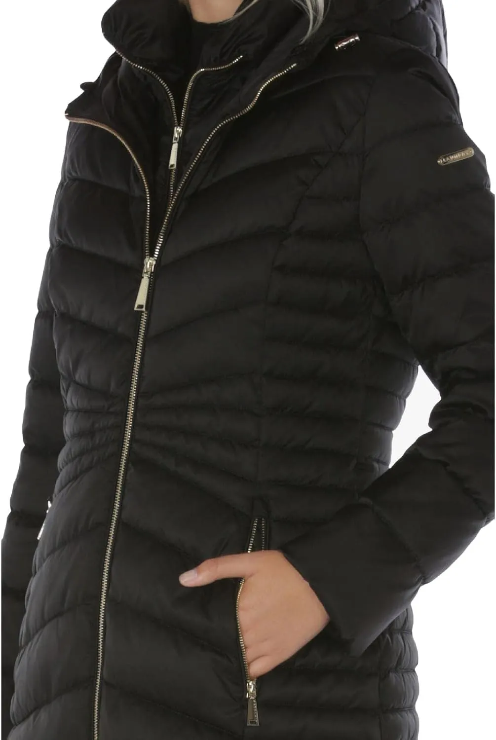 Laundry by Shelli Segal Women's 3/4 Puffer Jacket with Detachable Faux Fur Strip and Bib