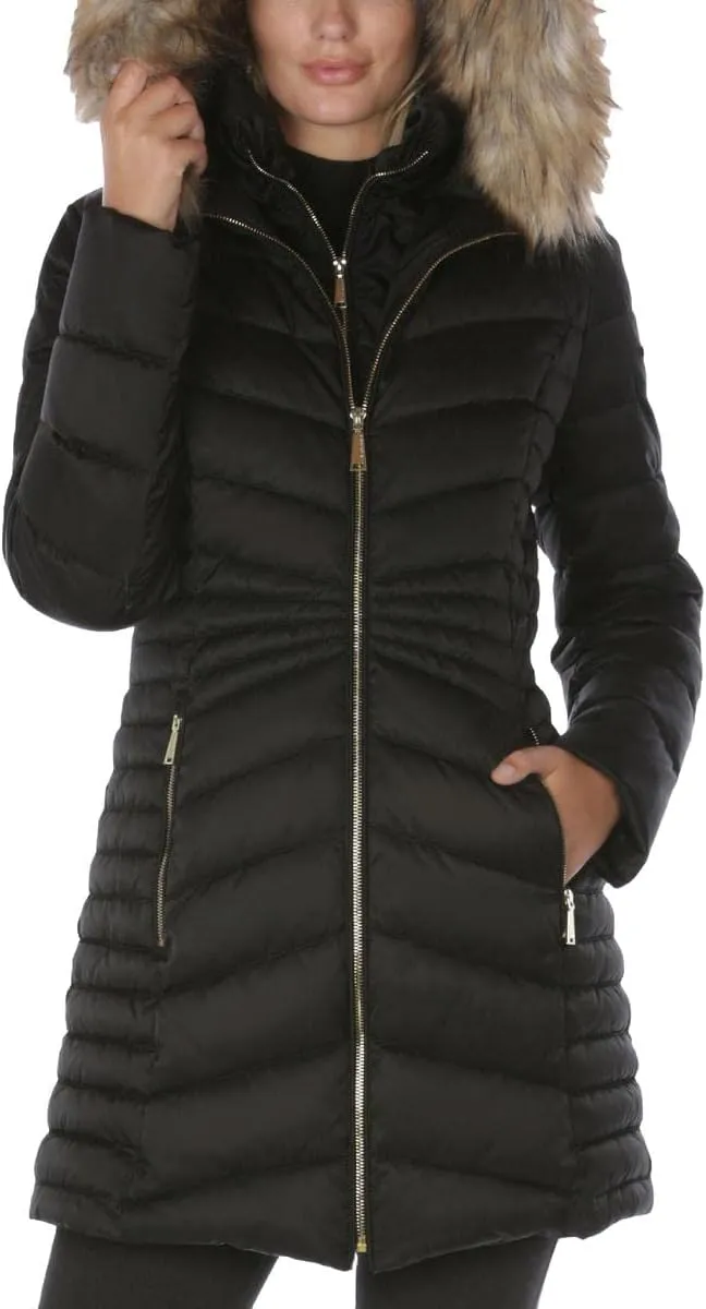 Laundry by Shelli Segal Women's 3/4 Puffer Jacket with Detachable Faux Fur Strip and Bib