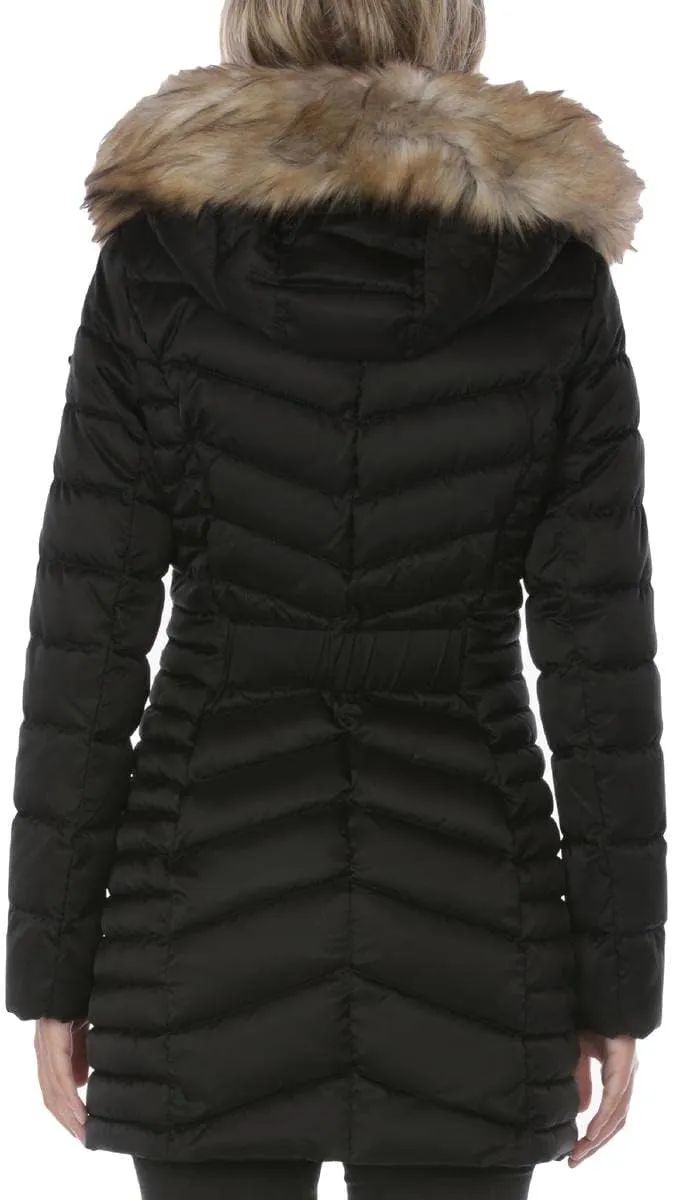 Laundry by Shelli Segal Women's 3/4 Puffer Jacket with Detachable Faux Fur Strip and Bib
