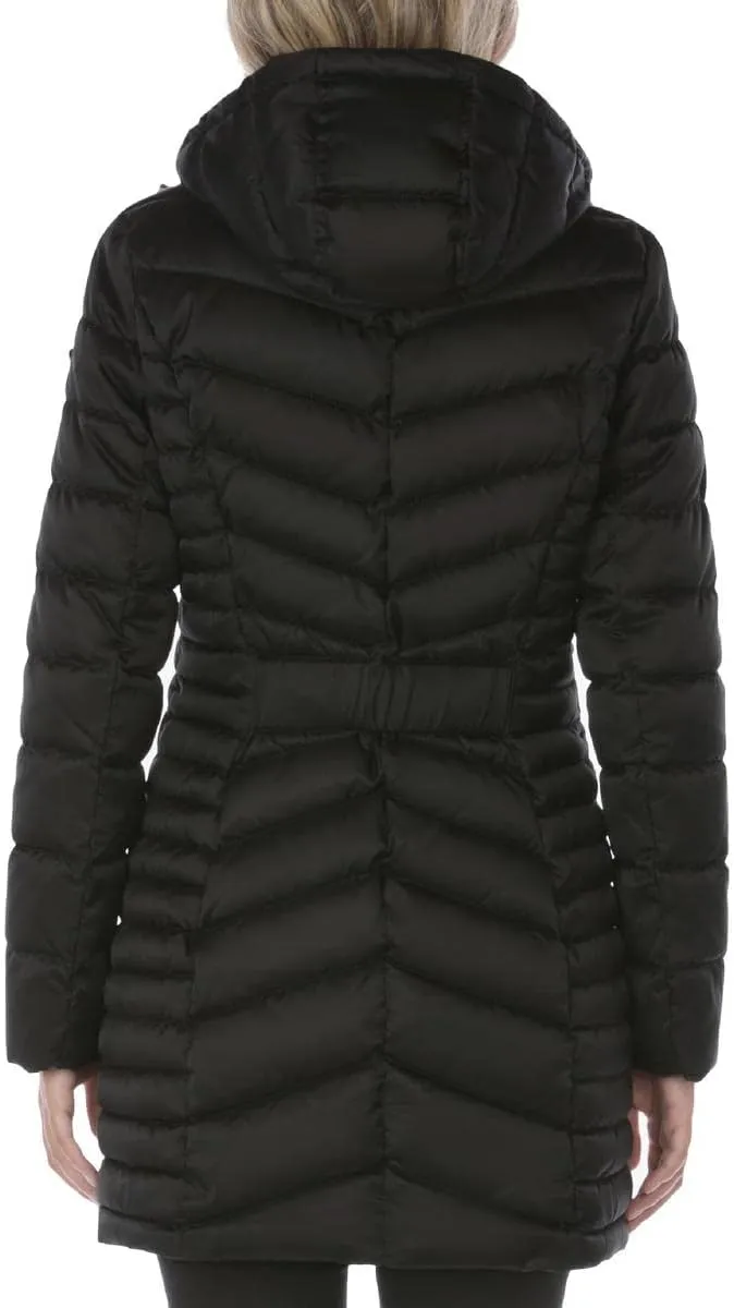 Laundry by Shelli Segal Women's 3/4 Puffer Jacket with Detachable Faux Fur Strip and Bib