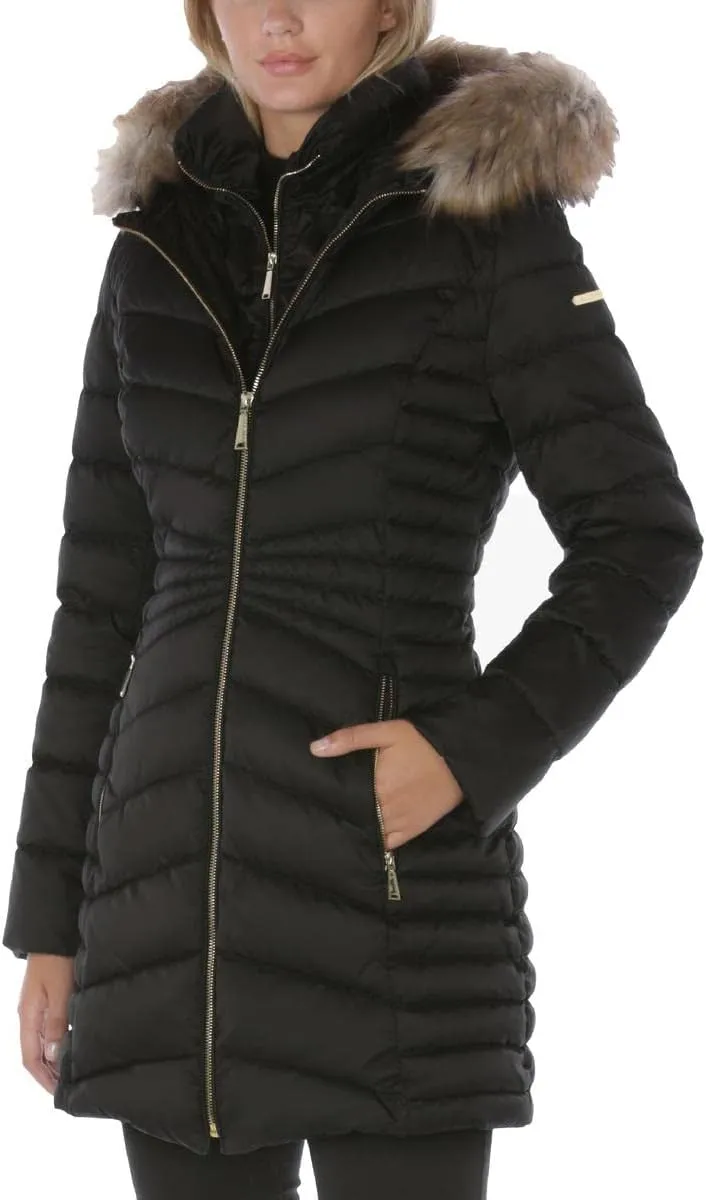 Laundry by Shelli Segal Women's 3/4 Puffer Jacket with Detachable Faux Fur Strip and Bib