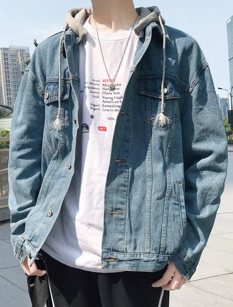 Lavnis Men's Denim Hoodie Jacket Casual Slim Fit Button Down Jeans Coat
