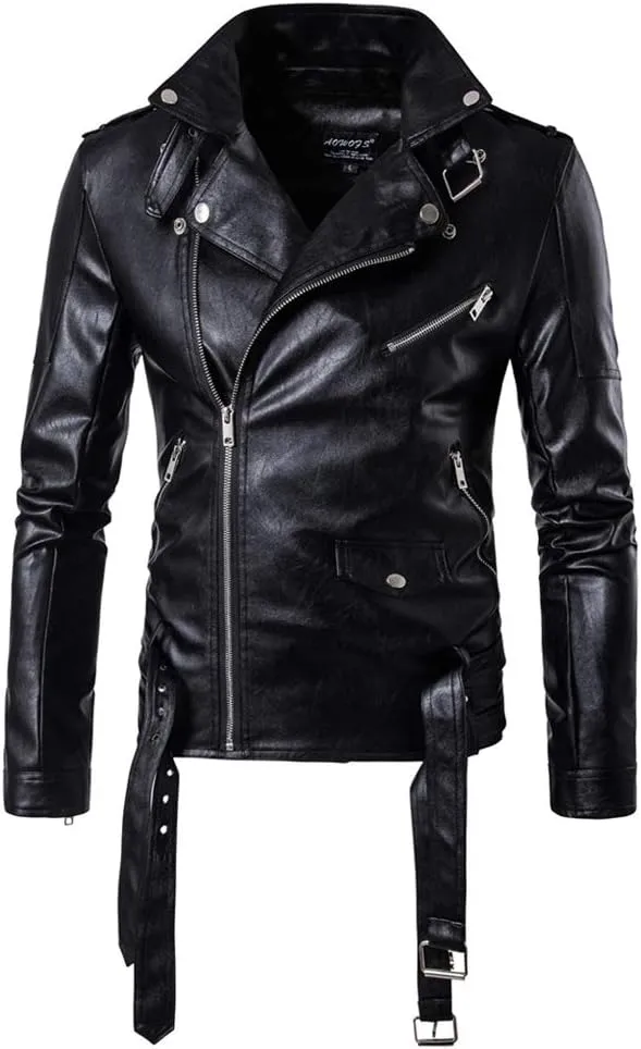 Lavnis Men's PU Leather Jacket Causal Belted Faux Leather Motorcycle Jacket Zipper Biker Coat