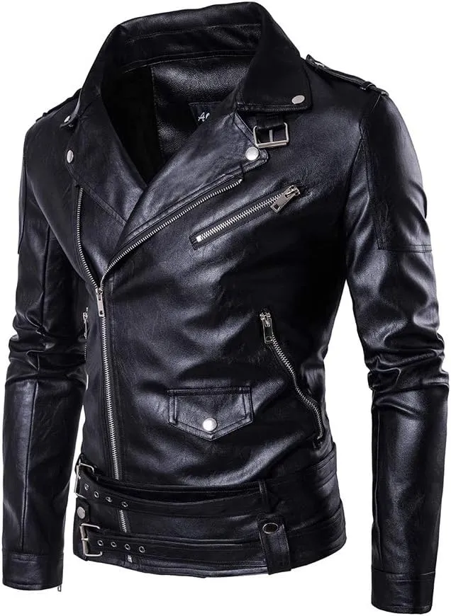 Lavnis Men's PU Leather Jacket Causal Belted Faux Leather Motorcycle Jacket Zipper Biker Coat