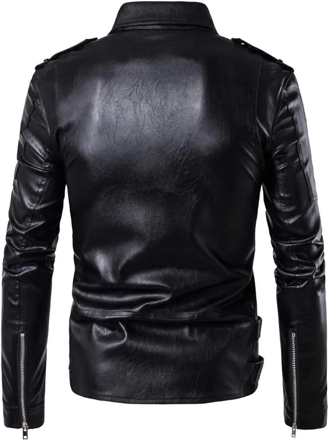 Lavnis Men's PU Leather Jacket Causal Belted Faux Leather Motorcycle Jacket Zipper Biker Coat