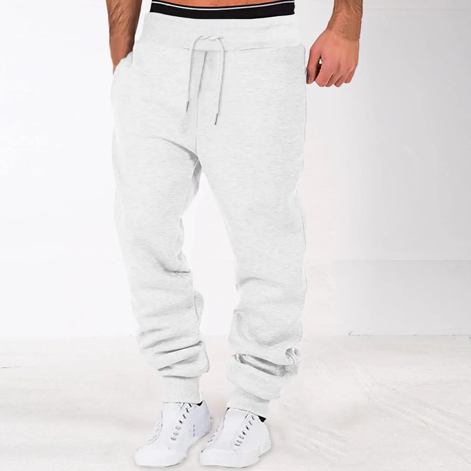 LCMTWX Black Cargo Pants Men Elastic Drawstring Cotton Pants Waist Waist Mid Casual Solid Men's Casual Black Sweatpants Men