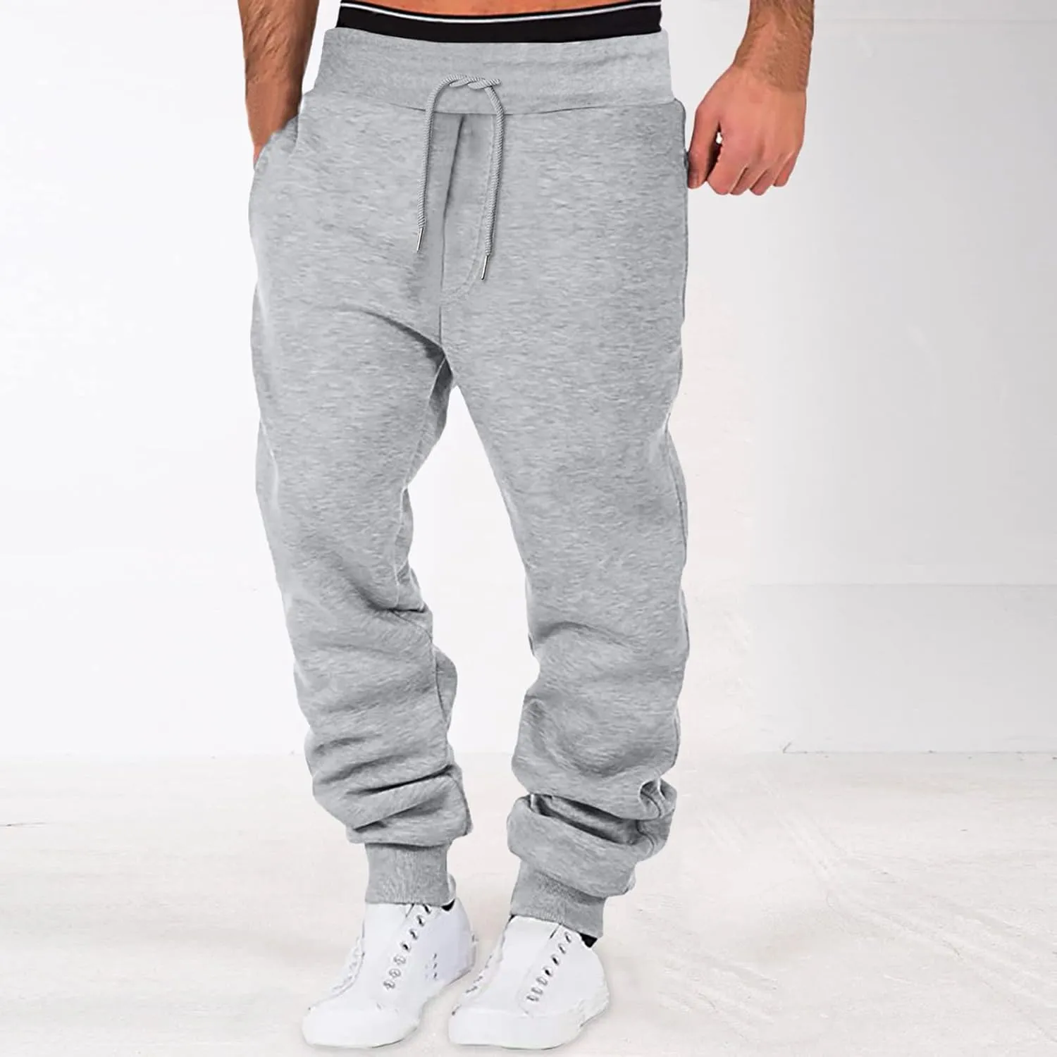 LCMTWX Black Cargo Pants Men Elastic Drawstring Cotton Pants Waist Waist Mid Casual Solid Men's Casual Black Sweatpants Men