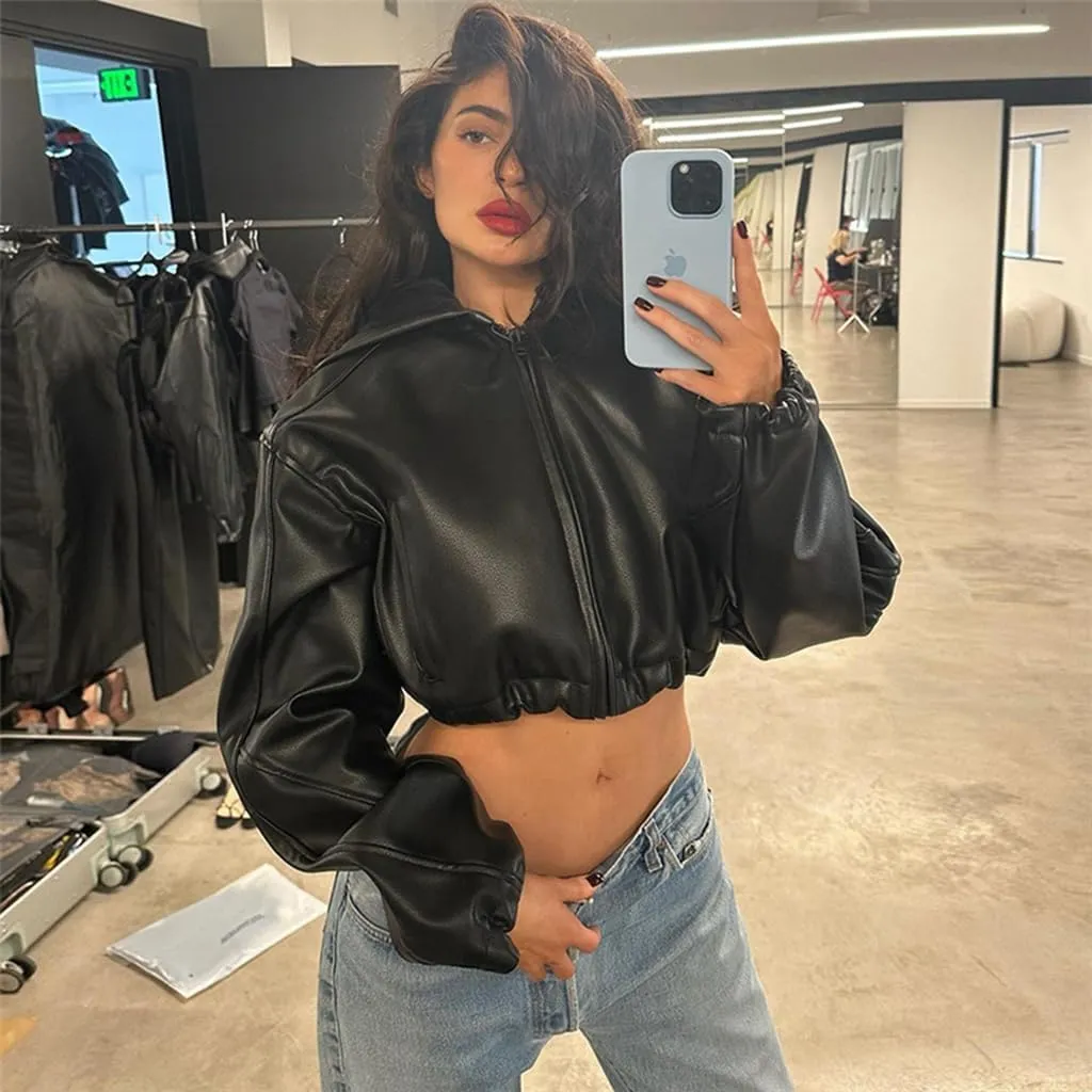 Leather Bomber Jacket Women Cropped Pleated Long Sleeve Hooded Collar Zipper Womens Bomber Jacket 2024