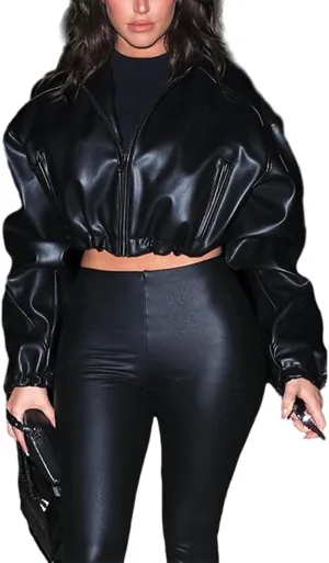 Leather Bomber Jacket Women Cropped Pleated Long Sleeve Hooded Collar Zipper Womens Bomber Jacket 2024