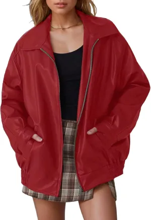 Leather Jacket Women Oversized Faux Motorcycle Bomber Jackets Fall Fashion Outfits 2024 Winter Clothes with Pocket