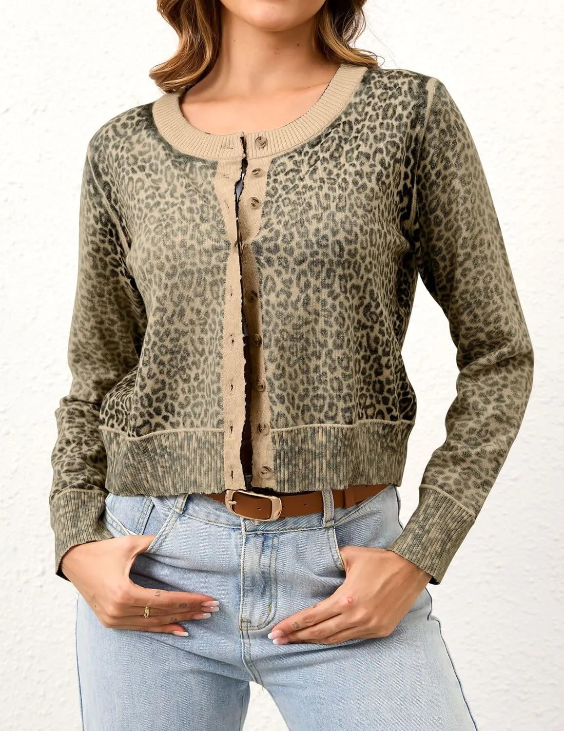 Leopard Cardigan Open Front Button Up Sweaters for Women Long Sleeve Shrug Cheetah Print Top Cropped Cardigan Jackets