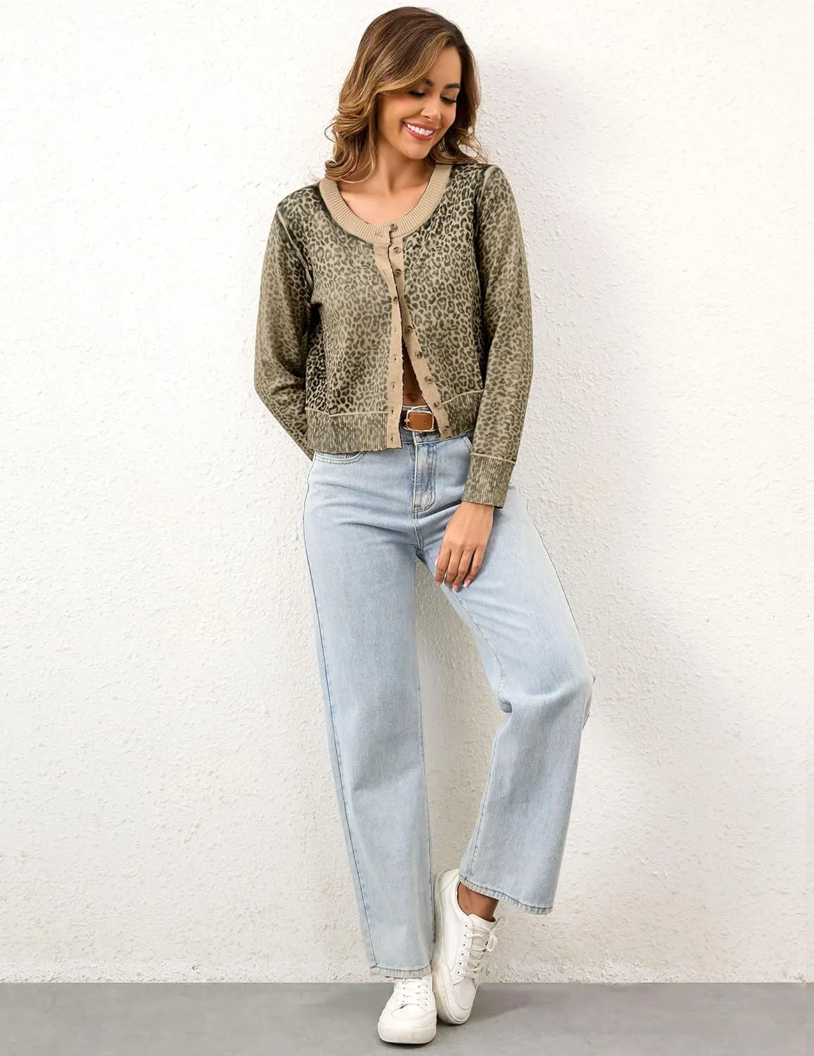 Leopard Cardigan Open Front Button Up Sweaters for Women Long Sleeve Shrug Cheetah Print Top Cropped Cardigan Jackets