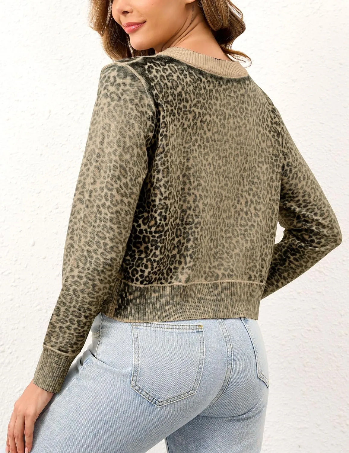 Leopard Cardigan Open Front Button Up Sweaters for Women Long Sleeve Shrug Cheetah Print Top Cropped Cardigan Jackets