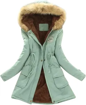 Lightweight Quilted Padded Fleece Lined Coats Ladies Padded Thermal Overcoat with Faux Hooded Windproof Warm Puffy