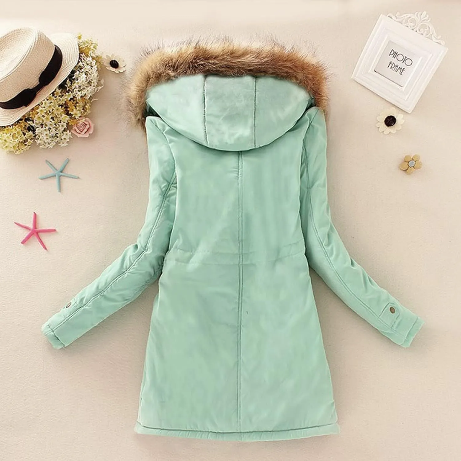 Lightweight Quilted Padded Fleece Lined Coats Ladies Padded Thermal Overcoat with Faux Hooded Windproof Warm Puffy