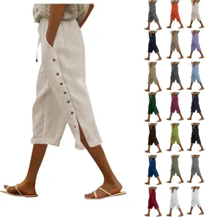 Linen Capri Pants for Women Drawstring Elastic Waist Shorts Lightweight Summer Pants Beach Capri Pants with Pockets