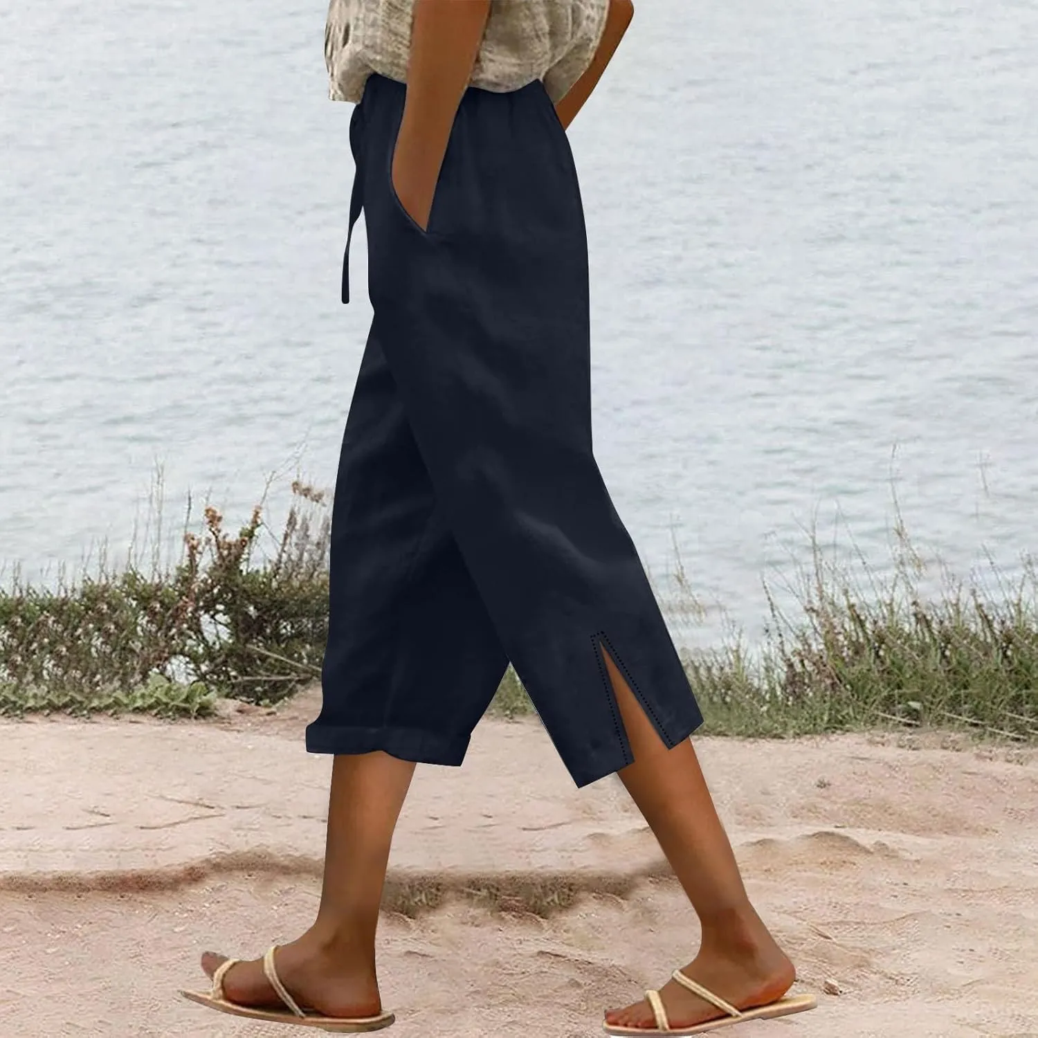 Linen Capri Pants for Women Drawstring Elastic Waist Shorts Lightweight Summer Pants Beach Capri Pants with Pockets