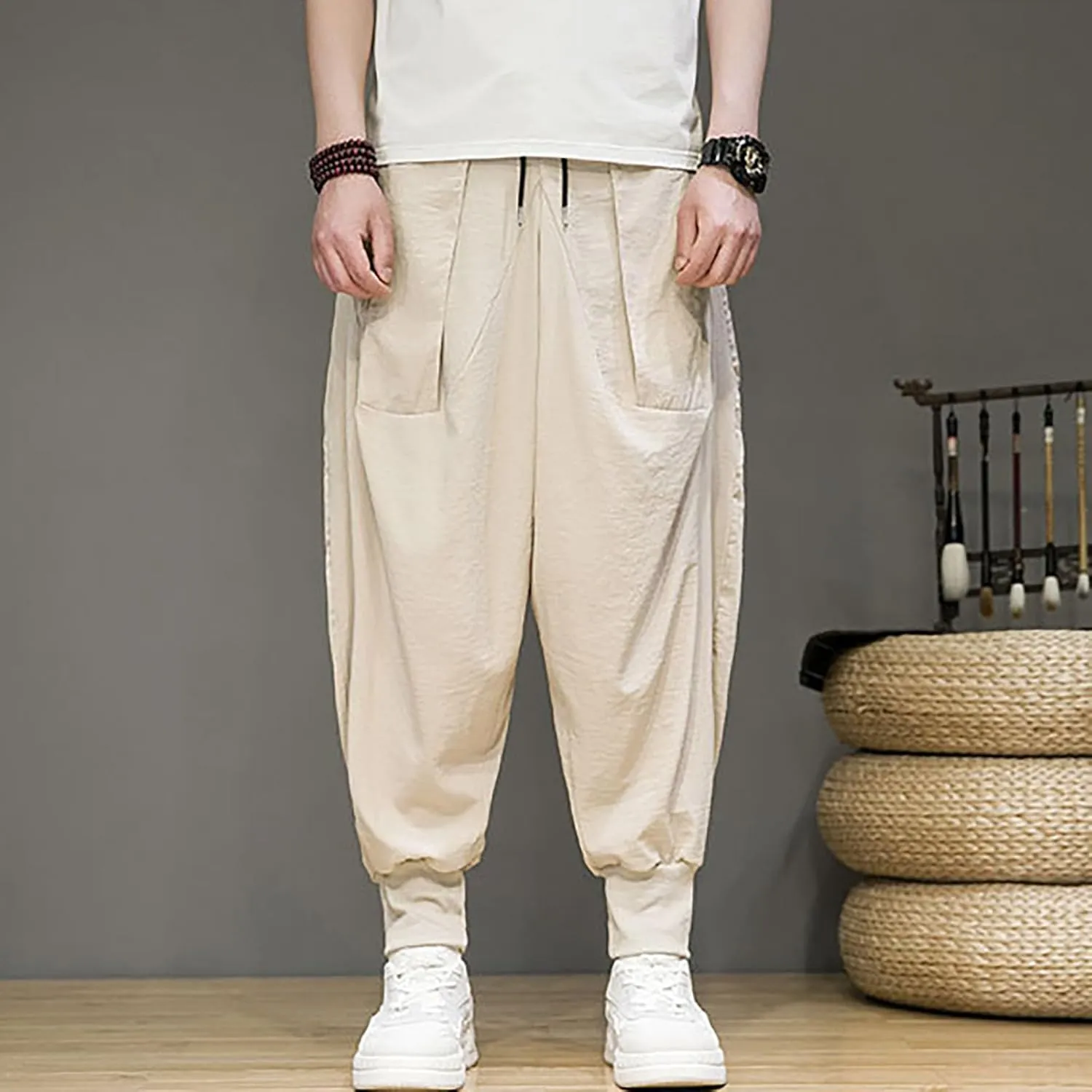 Linen Cotton Wide Leg Harem Pants for Men Retro Hip Hop Pockets Trousers with Drawstrings Loose Comfy Casual Pajama Pants