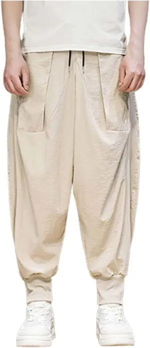 Linen Cotton Wide Leg Harem Pants for Men Retro Hip Hop Pockets Trousers with Drawstrings Loose Comfy Casual Pajama Pants