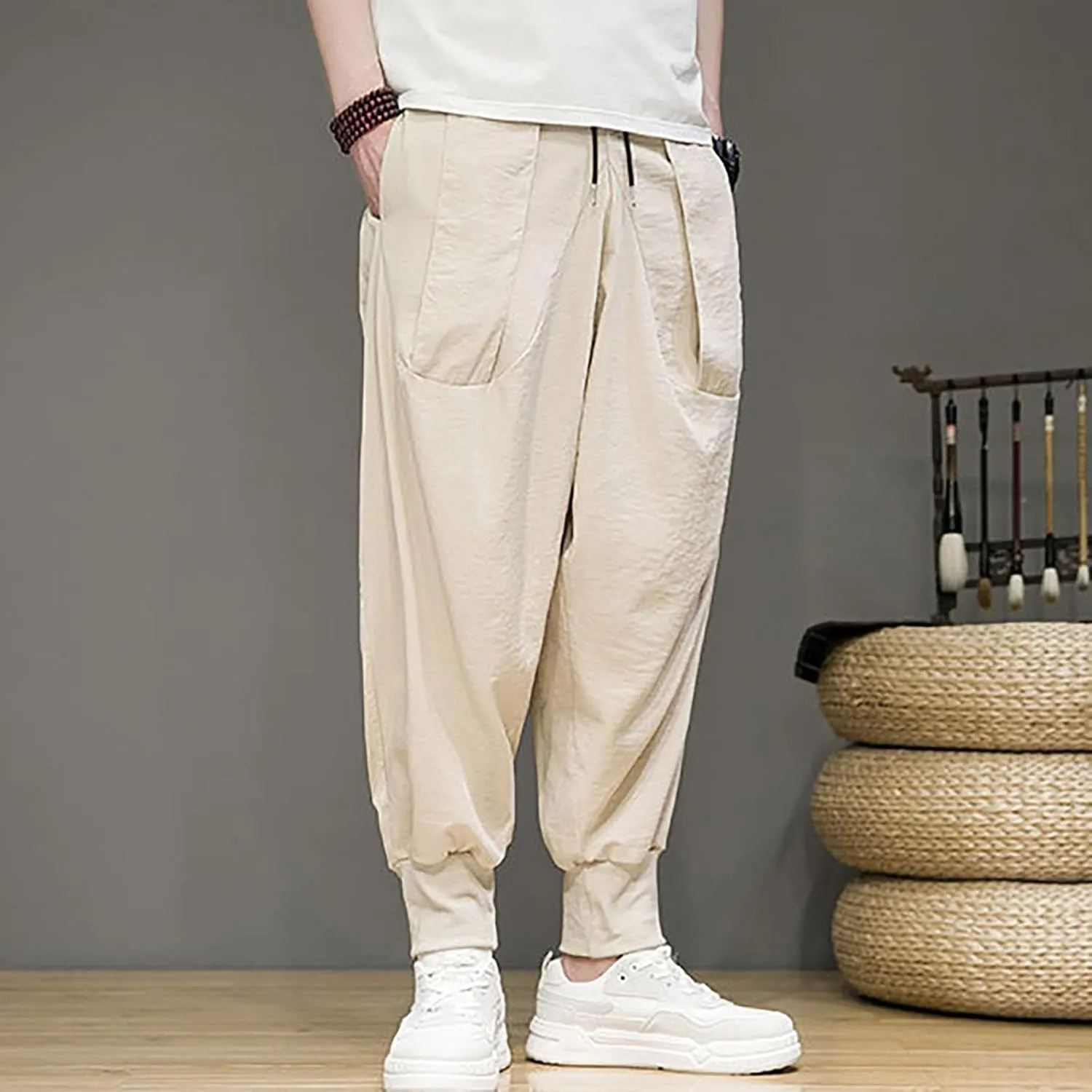 Linen Cotton Wide Leg Harem Pants for Men Retro Hip Hop Pockets Trousers with Drawstrings Loose Comfy Casual Pajama Pants