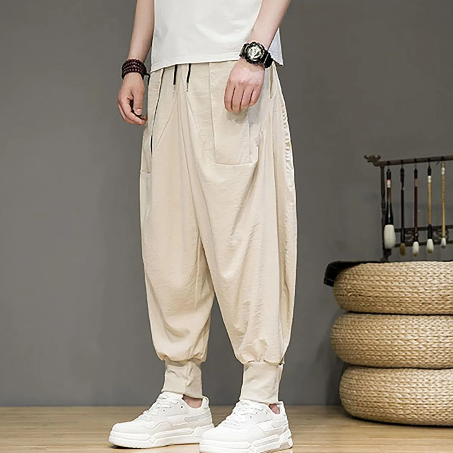 Linen Cotton Wide Leg Harem Pants for Men Retro Hip Hop Pockets Trousers with Drawstrings Loose Comfy Casual Pajama Pants