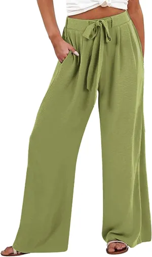 Linen Pants Women, Wide Leg High Waisted Flowy Palazzo Pants Ladies Summer Casual Baggy Lounge Slacks with Pockets