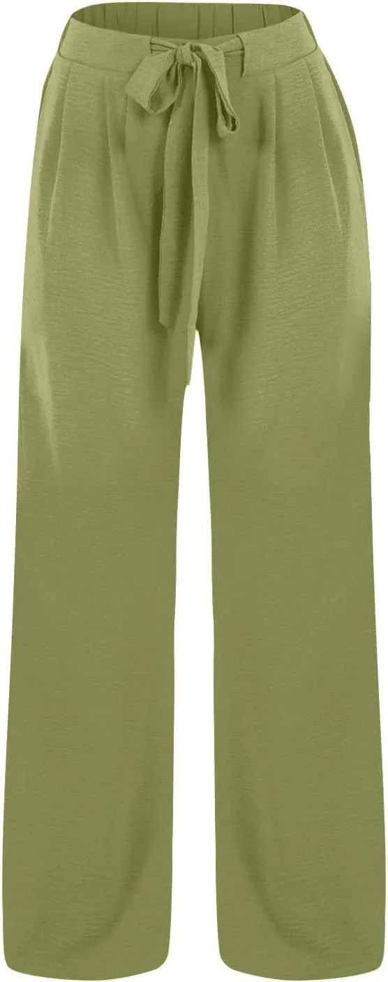 Linen Pants Women, Wide Leg High Waisted Flowy Palazzo Pants Ladies Summer Casual Baggy Lounge Slacks with Pockets